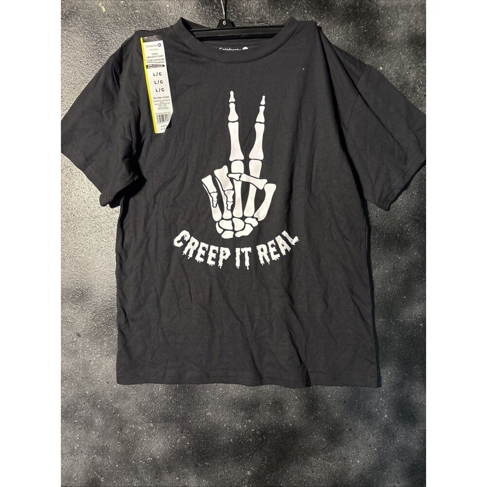 Kids L 10/12 T Shirt Skeleton Hand Peace Sign CREEP IT REAL, NEW Halloween